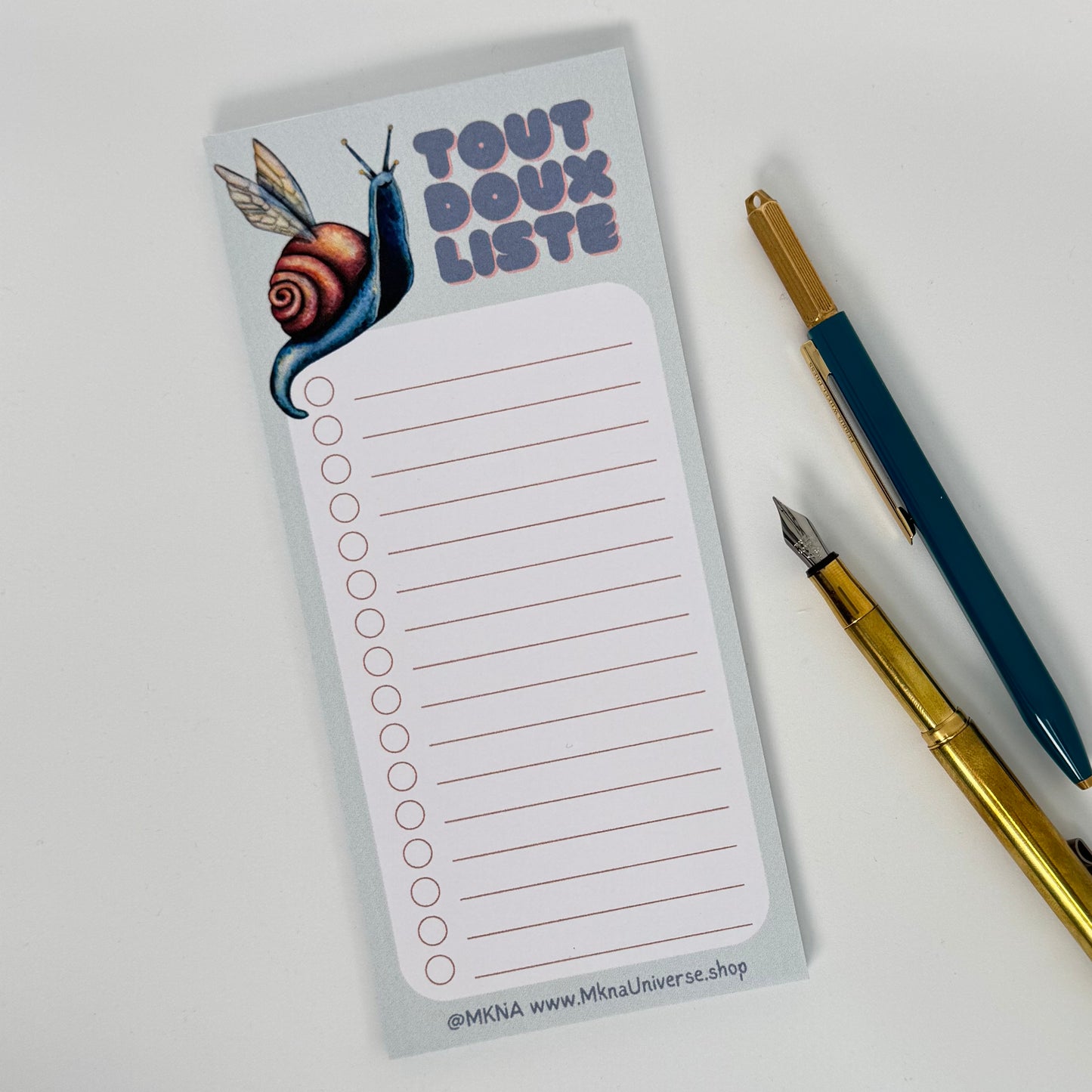 Notepad long « Magical Snail » – « Tout Doux Liste » – Bloc-notes artisanal