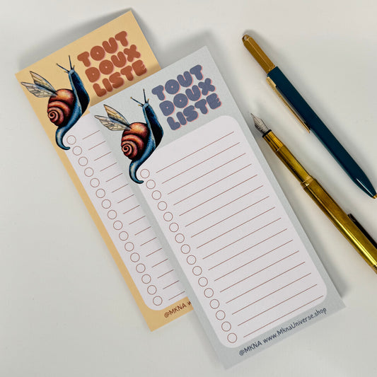 Notepad long « Magical Snail » – « Tout Doux Liste » – Bloc-notes artisanal